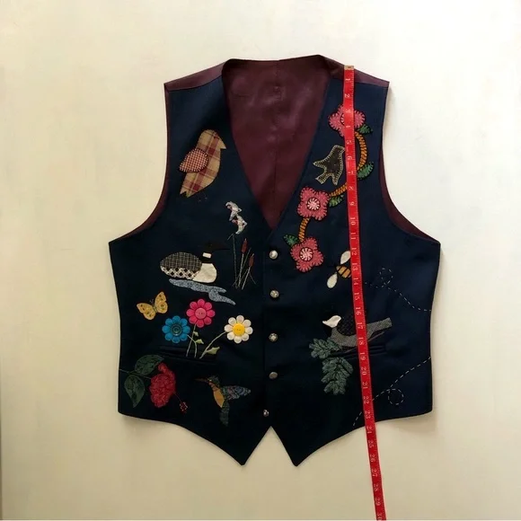 Vintage Handmade Funky Art Appliqué Embroidered Birds Flowers Unisex Vest - Picture 13 of 13
